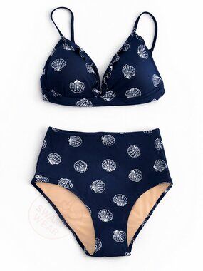NWT J. Crew Ruffle Bikini 2-Piece Set - Nautical Navy Shell Swimsuit | XS